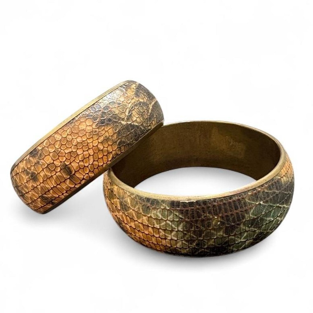 VINTAGE Boho Faux Snakeskin Brass Bangle70s / 80s Statement Bracelet Set  2.5"